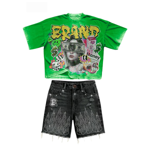Ensemble deux pièces d'été pour homme : T-shirt graphique moutarde et short en jean à strass effet flamme, style streetwear vintage oversize et déchiré - Product Image 6