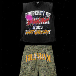 Ensemble deux pièces tricoté en coton délavé pour homme – T-shirt sans manches et short de survêtement à bords bruts pour l'été – Motif 3D formel - Product Image 4