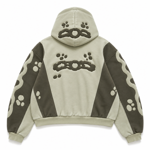 Custom Cream Olive Two-Tone Applique Embroidered Cropped Full <b>Zip</b> Streetwear Fleece Hoodie - Product Image 2