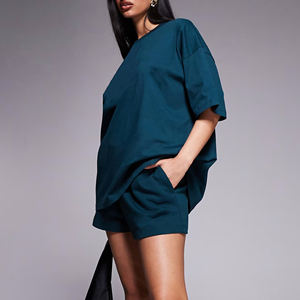 Nouvel Arrivage – Ensemble T-shirt et Short Femme Grande Taille 100% Coton Épais, Épaules Tombantes, Manches Courtes, Col Rond, Longueur Genou – Tenue d'Été - Product Image 4