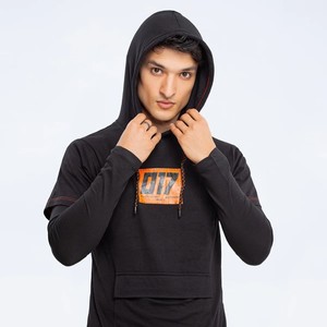 Sudadera con Capucha Negra para Hombre con Estampado Naranja 017, Corte Ajustado, Informal, de Algodón Tejido, Manga Larga, con Bolsillos, para Otoño - Product Image 4
