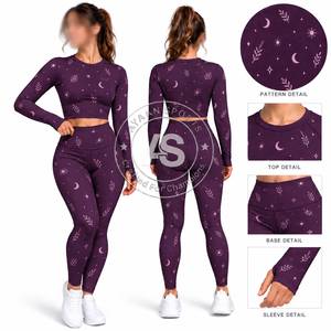 Ensemble de yoga 2 pièces pour femmes, haut court à manches longues, leggings taille haute pleine longueur, ensemble de vêtements de sport - Product Image 5