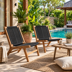 Modern <b>Teak</b> <b>Garden</b> <b>Chair</b> with Woven Seat and Embossed Design Tilting Outdoor Furniture for Poolside Use - Product Image 4