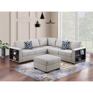 Set Divano Sezionale Contemporaneo 4 Pezzi in Bouclé Beige con Scaffale Integrato, Divanetto, Pouf a Cuneo Funzionale per Arredamento Soggiorno - Product Image 1