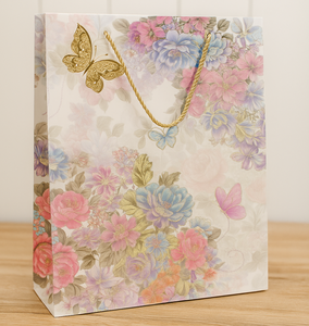 ถุงของขวัญกระดาษคราฟท์รักษ์โลกพิมพ์ลายดอกไม้สีสันสดใส พร้อมโลโก้สั่งทำพิเศษ สำหรับงานแต่งงาน งานปาร์ตี้ และร้านค้า  พร้อมหูหิ้วแบบเชือก - Product Image 1