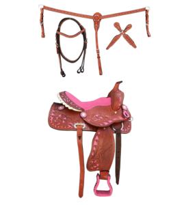Selles Western en cuir véritable floral rose Baril de tête de cheval Rênes et collier de poitrine Tack Set - Product Image 2