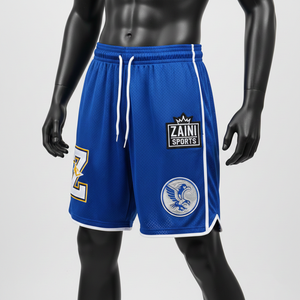 Shorts de bain en maille polyester de haute qualité, couleur bleue avec bordure blanche, logo brodé personnalisé, shorts en maille pour homme - Product Image 2