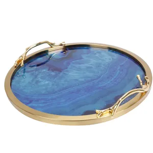 Bandeja Organizadora Decorativa Contemporánea con Acabado de Cobre Cepillado, Bandeja de Servir Redonda de Cerámica Azul, Estilo Americano Ecológico - Product Image 1
