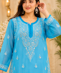 Kurta Droit Bleu Ciel Brodé Style Chikankari – Achetez Directement du Fournisseur - Product Image 3