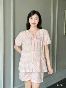 Women's <b>linen</b> home wear set with bow print B772 sweat absorbent good price - Product Image 4