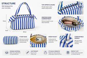 Sac à bandoulière rayé pour femme avec nœud décoratif, fermeture ouverte, style décontracté, utilisation quotidienne, portable, en toile, léger pour le voyage - Product Image 4