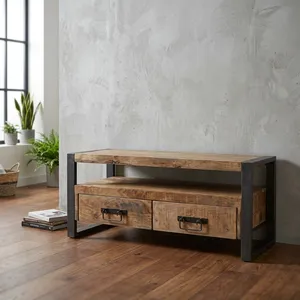 Mueble para TV de Madera Industrial con Base de Metal, Cajones de Almacenamiento y Estante Abierto para Sala de Estar - Product Image 4