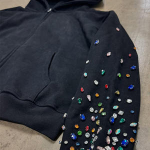 Customized High Quality Men's Acid-washed Rhinestone Hoodie Clothing Manufacturer Men's Full <b>Zip</b> up Hoodie - Product Image 4