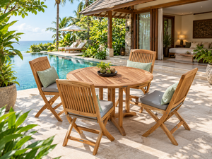 Ensemble de table et chaises pliantes rondes minimalistes en teck avec 4 chaises, ensemble de table et chaises de jardin durables pour l'extérieur - Product Image 1