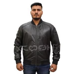 Wholesale Genuine Cowhide Leather Racer <b>Jacket</b> Supplier Padded Shoulder/Sleeve <b>Jacket</b> With Stand Collar & Zip Pockets - Product Image 3