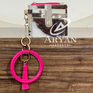 Customized Logo Real Cowhide Leather Card Holder Coin Purse Slim Designer Ladies Purse Wallet With Round <b>Wristlet</b> Keychain - Product Image 1