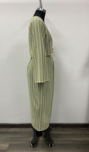 Women's <b>Green</b> Herringbone V-Neck <b>Lace</b>-Up Midi Dress Three Quarter Sleeve Casual Loose Fit Spring Summer Cotton Bamboo Fiber - Product Image 3