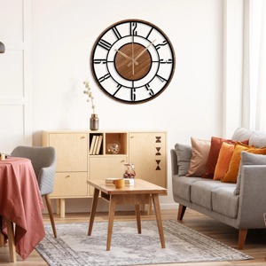 Reloj de pared decorativo de madera y metal, ideal para la zona de comedor y la cocina, aporta un atractivo estético natural y moderno de la India. - Product Image 5