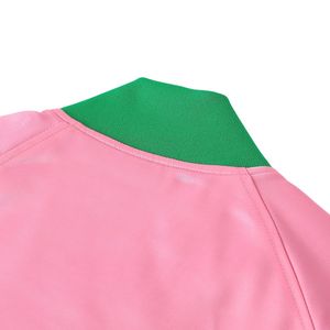 AKA <b>Pink</b> Satin Bomber <b>Jacket</b> Green Trim Unisex Varsity Style Embroidered Letters Ribbon Lining Casual Fashion Outerwear - Product Image 5