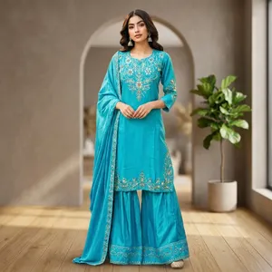 Ensemble 3 pièces en satin de soie 100% bleu ciel uni pour femme, Kurta, Palazzo et Dupatta, manches trois-quarts, brodé, ethnique - Product Image 3