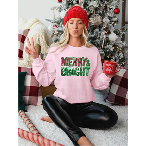 Custom OEM <b>Women</b> Festive Sequin Patchwork Merry Bright Pink Crewneck <b>Sweatshirt</b> Premium Heavyweight Fleece Oversized <b>Christmas</b> - Product Image 4