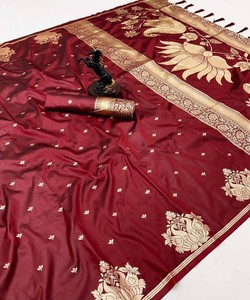 Sari de Seda Color Granate con Bordado Dorado, Traje Tradicional Indio para Bodas, Estilo Banarasi, Sari Largo Hasta el Suelo para Mujer - Product Image 1