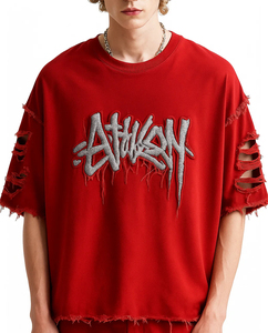   Camiseta Oversize Bordada para Hombre, Azul Marino, Manga Corta, Estilo Urbano, Cuello Redondo, Diseño con Logotipo Tejido en la Parte Delantera - Product Image 2