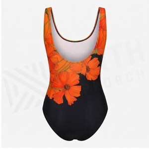 Traje de baño de una pieza con estampado floral para mujer, cuello redondo, cintura alta, elástico, estampado digital en naranja y negro - Product Image 2