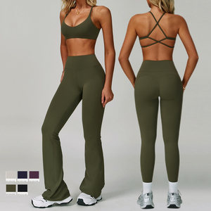 Custom High Waisted <b>Flare</b> <b>Leggings</b> Set Workout Yoga Bra Breathable Stretch Fabric Moisture Wicking Sportswear Gym Fitness Wear - Product Image 1