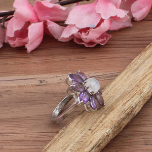 Bague en argent sterling 925 avec améthyste naturelle et pierre de lune arc-en-ciel, bijoux en pierres précieuses mixtes, certifiée, classique, pour femmes - Product Image 2