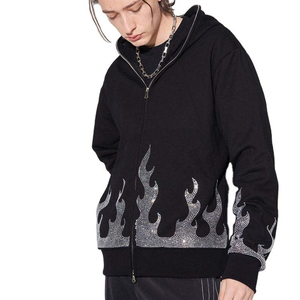 Sweat-shirt unisexe noir à capuche zippé avec motif flamme en strass, style streetwear, coupe classique, 100 % coton, hiver, séchage rapide, respirant - Product Image 5