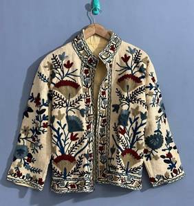 Veste en coton brodée pour femme, beige, à col mandarin, motif floral, faite à la main, style ethnique, blazer de printemps, qualité export - Product Image 1
