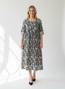 Black White Floral Print Midi <b>Dress</b> V Neck Long Sleeve Fit and Flare Casual Party <b>Dress</b> - Product Image 1