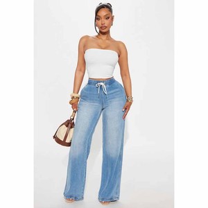 Womens Light Blue Washed Denim Wide Leg Pants <b>Elastic</b> <b>Waist</b> Drawstring Loose Fit Casual <b>Jeans</b> Trousers with Pockets Fashion - Product Image 3