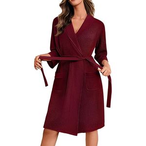 Robe de chambre légère en tricot gaufré doux pour femme, longueur genou, style enveloppant - Product Image 1