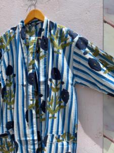 Bata Kimono de Algodón con Estampado Floral y Rayas Azules para Mujer, Túnica de Playa, Bata de Verano, Bata de Dama de Honor, Bata de Spa, Ropa de Dormir - Product Image 5