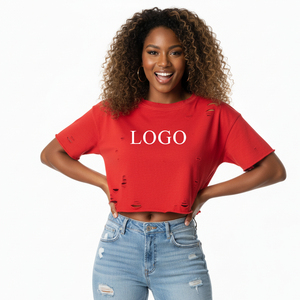 Best Sale Eco-Friendly 220gsm 100% Cotton Vintage Women's Summer Appliques Crop <b>Top</b> High Quality <b>Distressed</b> T-shirt Regular Size - Product Image 4