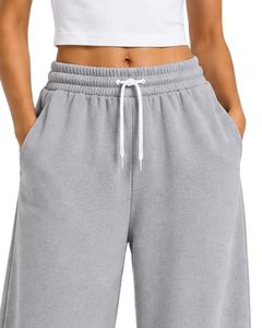 Custom <b>Light</b> Grey Women Wide Leg Sweatpants High Waist Loose Fit Casual Streetwear <b>Lounge</b> Fleece Trousers With Drawstring Pocket - Product Image 5