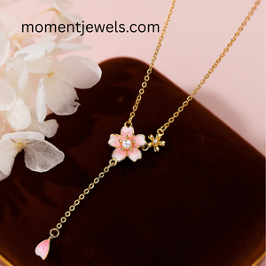 925 Silver Flower Pendant Necklace Gold Plated Pink Enamel Cherry Blossom <b>Locket</b> Chain Necklace for Women Gift - Product Image 5