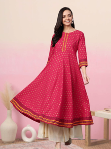 Womens Pink Cotton Slub Gold Printed Anarkali Kurta With Round Neck <b>Three</b> Fourth Sleeves Crafted For Global Ethnic Casual Wear - Product Image 2