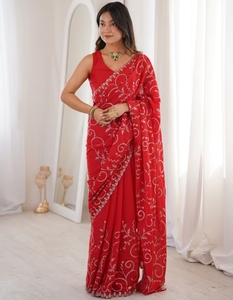 KV Women's Georgette <b>Red</b> Embellished Saree with Unstitched <b>Blouse</b> - Product Image 2