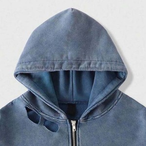 Sweat à capuche zippé bleu délavé pour homme, 100 % coton French Terry, coupe oversize décontractée, avec poches, nouvelle collection, toutes tailles - Product Image 5