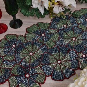 Handmade Floral Embroidery <b>Table</b> <b>Runner</b> with Beaded Petals in <b>Blue</b> and Green <b>for</b> Home Decoration - Product Image 3