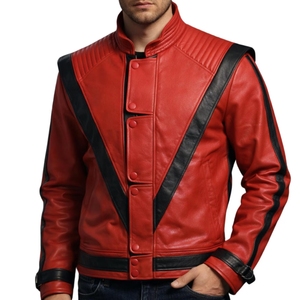 Red Thriller <b>Leather</b> <b>Jacket</b> | Iconic Black V-Stripe Pop Icon Biker Coat High-Volume Pop Icon Outerwear - Product Image 1
