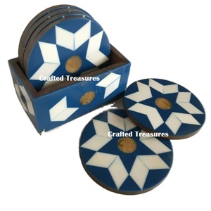 Handmade MDF Wood Coasters 6Pcs with Holder <b>Enamel</b> Printed Unique Pattern Kitchenware <b>Cup</b> Coaster for Tableware and Table Top - Product Image 1
