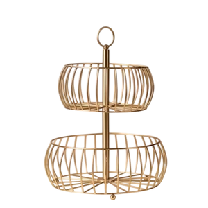 Panier de rangement en fil métallique rond à 2 niveaux avec base en bois pour articles de cuisine, panier de rangement de style industriel - Product Image 4