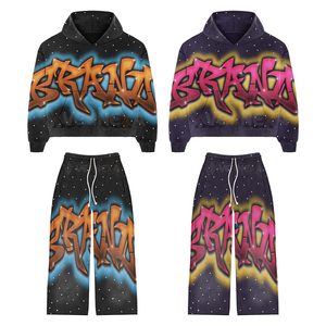 Survêtement personnalisé épais délavé à l'acide avec strass, style vintage, coupe oversize et carrée, comprenant un sweat à capuche et un pantalon évasé ample avec motif graphique airbrush délavé soleil - Product Image 6