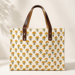 Yellow Floral Printed <b>Canvas</b> Women <b>bags</b> for Laptop & Everyday Use with Leather Handles Premium Printed Cotton <b>Shopper</b> Tote - Product Image 2