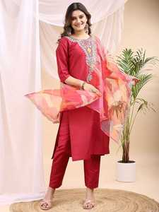 <b>Women</b> Ethnic Embroidered Silk <b>Kurta</b> Set Indian Pakistani Outfit with Dupatta Recycled Materials All Seasons Casual Party Wear - Product Image 5