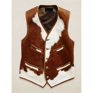 Chaleco de Piel Vacuna con Estampado para Hombre, Talla Grande, Cuello en V, Cierre de Botón, Informal, para Invierno, Corte Regular, con Decoración de Piel - Product Image 1